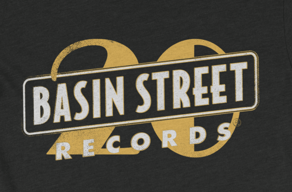 Basin Street Records aged 20th Anniversary Logo on T-Shirt