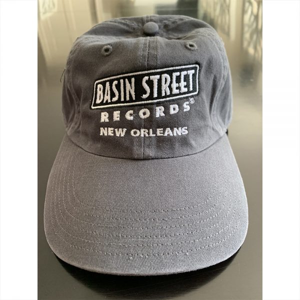 Grey Baseball hat with black Basin Street Records logo embroidered on front