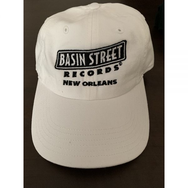 Adjustable golf-style "dad" hat in white with the Basin Street Records Logo embroidered on the front